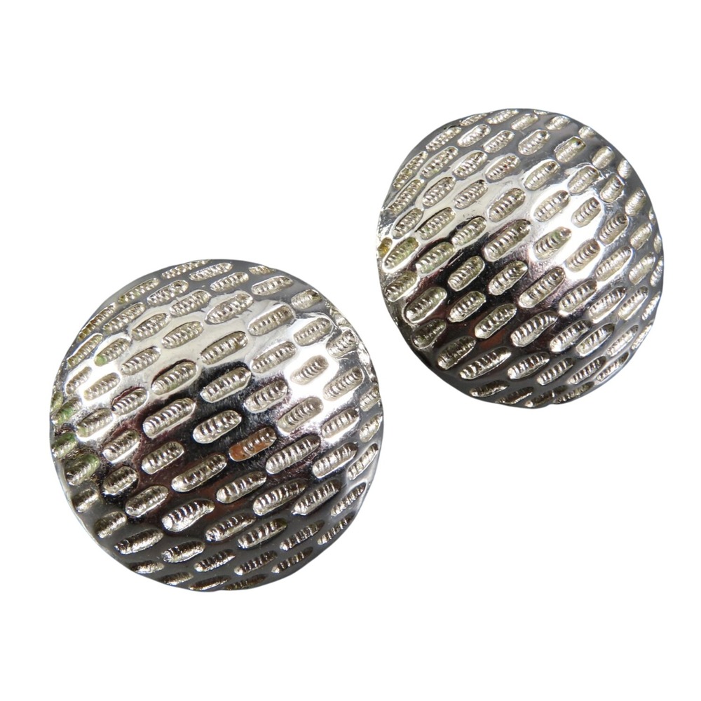 Vintage CROWN TRIFARI Clip-On Earrings DOMED ROUND STUD Unique Dash Engraving